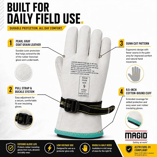MAGID PowerMaster 12501PS Leather Linesmen Protector Gloves, 6 Pairs, 9.5” Length, Size 9.5