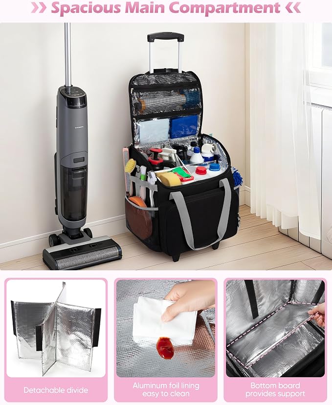 Marscamd Large Rolling Cleaning Caddy Bag with Detachable Trolley, Cleaning Supplies Organizer with Wheels for Housekeepers, Black