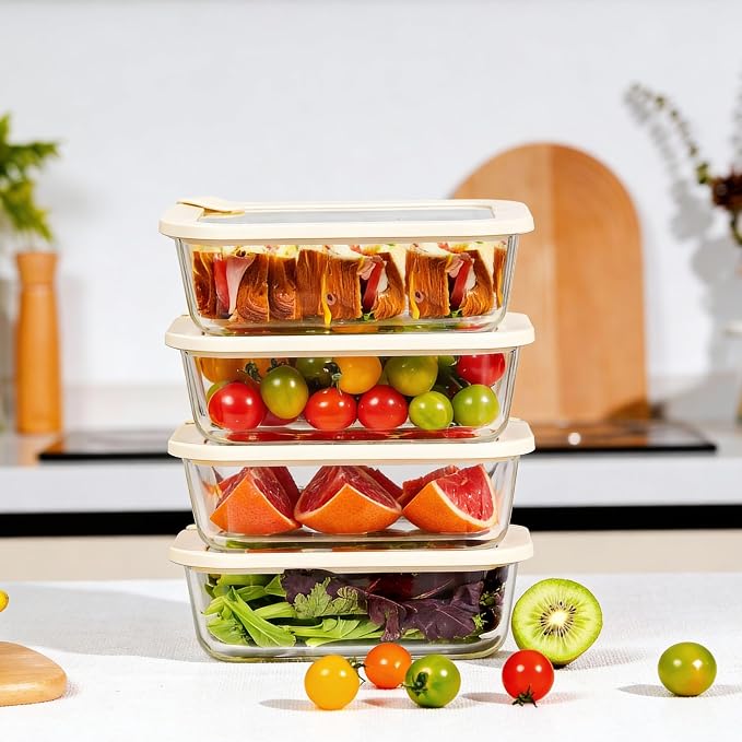 Glass Food Storage Containers with Glass Lids, Microwave Safe Food Container Set, Airtight Food Container Set, LeakProof, 100% Plastic Free, White Color, 4pack