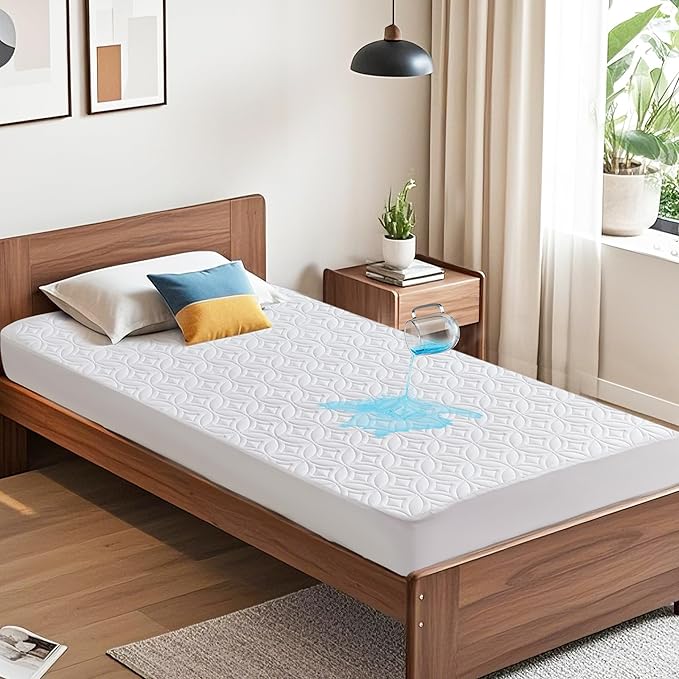 BEDLORE Waterproof Mattress Protector, Twin Size Mattress Pad with Deep Pocket 6"-15" Depth, Soft Breathable Single Bed Mattress Cover for Bedroom, Dorm Room (White)