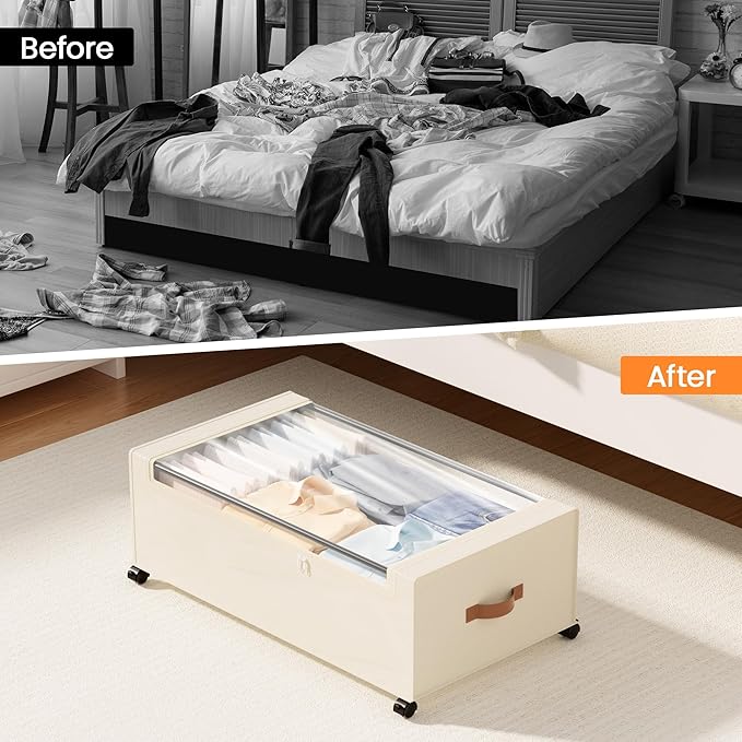 Yecaye 95 L Under Bed Storage with Wheels, 11 in Under Bed Storage Containers, Large Under Bed Shoe Storage with Lids, Rolling Underbed Storage bins for Clothes, Blankets, Beige
