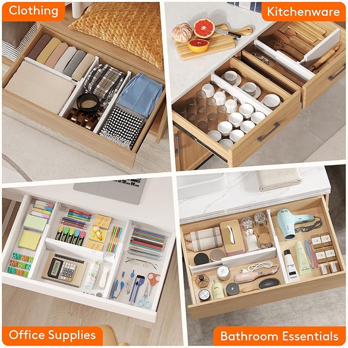 Lifewit 8 Pack 4" High Drawer Dividers 34-56cm/13.5-22" Adjustable Drawer Organizer for Clothes/Utensils, Expandable Drawer Separator in Dresser/Kitchen/Bedroom/Office Organization & Storage White