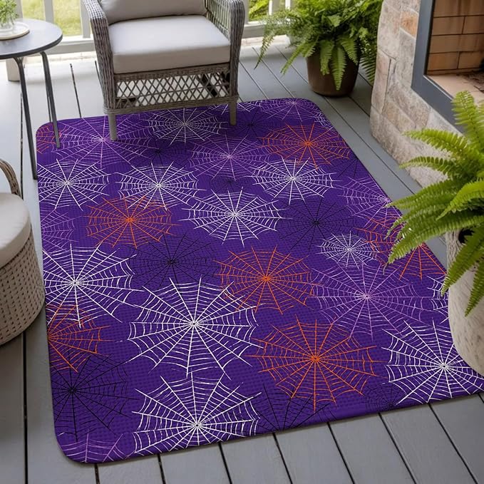 Purple Halloween Washable Area Rugs for Living Room Bedroom, Large Non Slip Indoor Floor Carpet Absorbent Low Pile Red Black White Net Halloween Door Mat Rugs for Bathroom Entryway 63"x90.6"