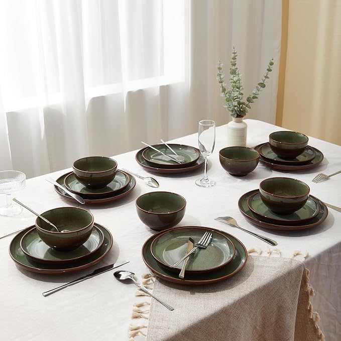 Pokini 24 Piece Double Bowl Dinnerware Sets with Pasta Bowls, Highly Chip and Crack Resistant Plates and Bowls Sets, Natural Earthyware Ceramic Dishware Sets, Service for 6 Brown Green