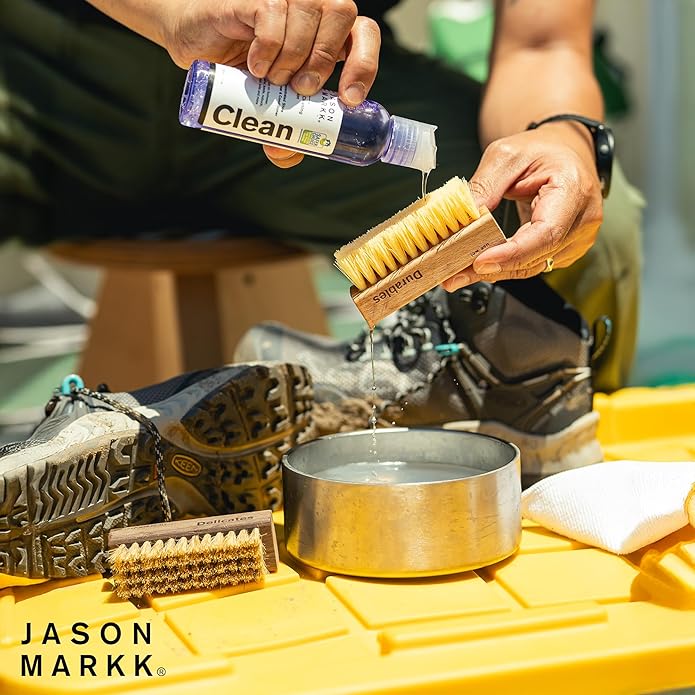 Jason Markk Suede Essentials Bundle, 4-Piece Shoe & Sneaker Care Set, 4oz Deep Cleaning Solution, Two Brushes, & Suede Stain Eraser, Safe for Leather, Nubuck, Cotton, Knits, and More