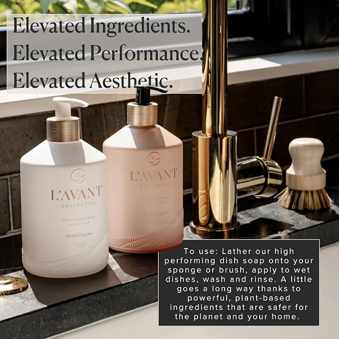 L'AVANT Collective Natural Luxury Dish Soap | Plant-Based, Non-Toxic & Grease-Cutting, Safe for Kids & Pets, Refillable Glass Bottle with Pump, 16 Fl Oz | Blushed Bergamot