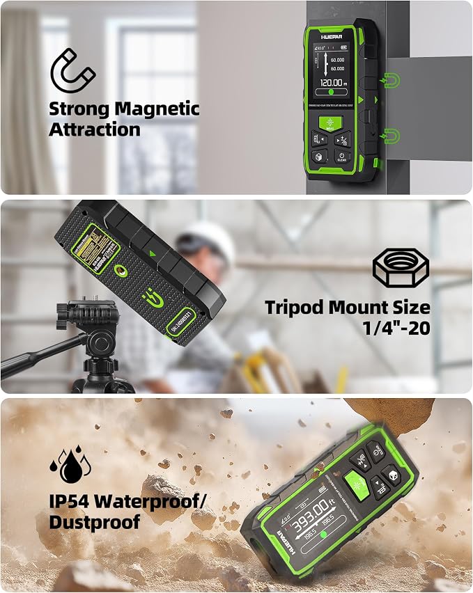 Huepar Dual Laser Measuring Tool, Fathers Day Dad Gifts, 393Ft Green-Beam Bilateral Digital Laser Distance Measure 6-Unit Ft/In/M, Rechargeable Laser Measurement Tool-Backlit LCD Display, Angle Sensor