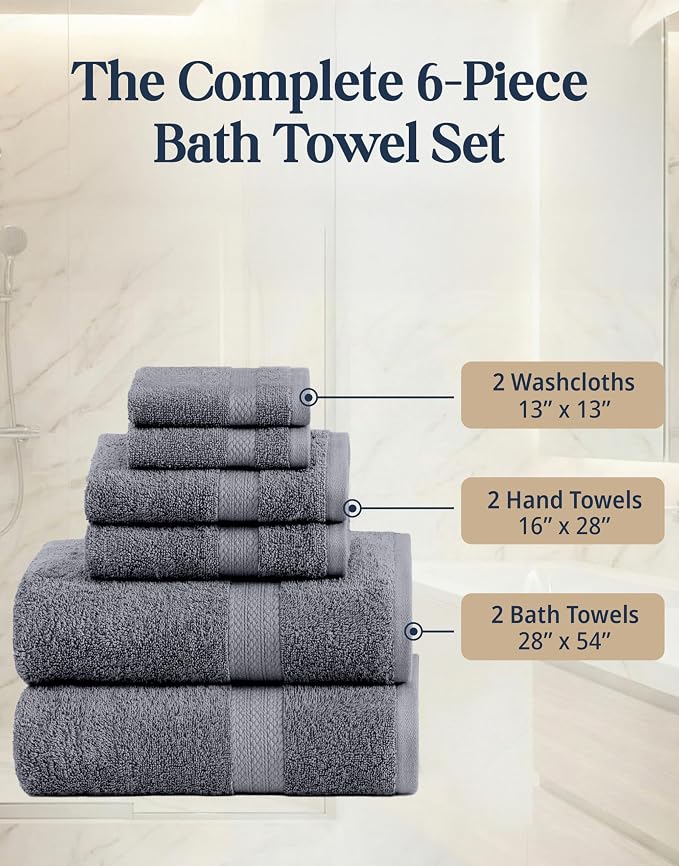 LANE LINEN Towel Set for Bathroom Soft Absorbent Quick Dry - Cool Grey | Set Of Towels - Dobby Border Accent, OEKO-TEX Certified, Ring-Spun Durability, Ring-Spun Cotton, Terry Weave Comfort