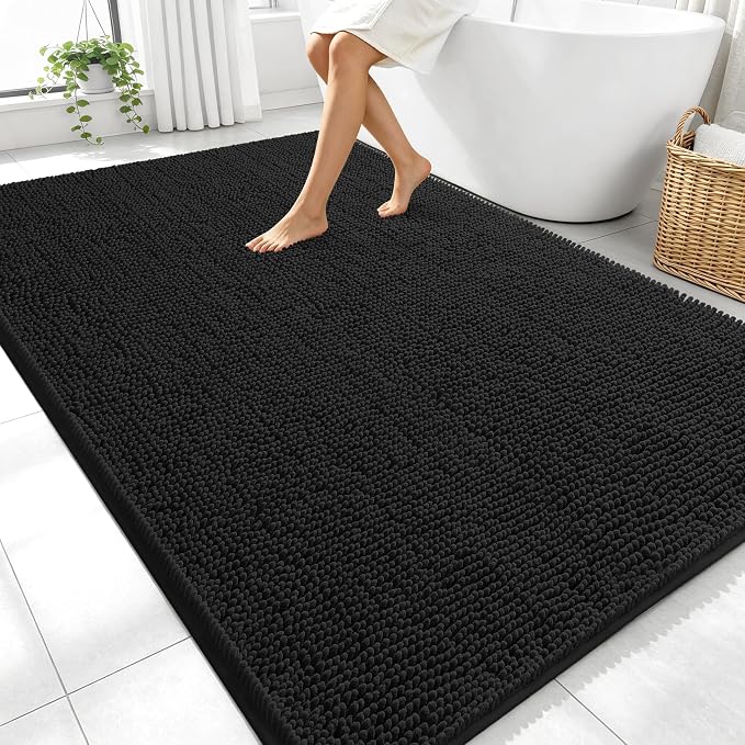 OLANLY Large Bathroom Rugs 70x46, Extra Soft Absorbent Chenille Bath Rugs, Rubber Backing Quick Dry, Machine Washable Bath Mats for Bathroom Floor, Tub and Shower, Home Decor Accessories, Black