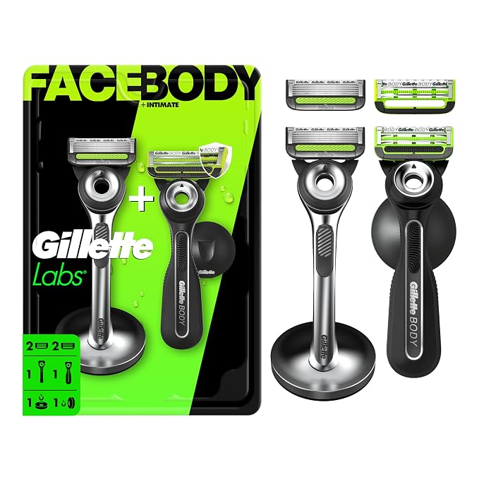 Gillette Labs Razor Duo Pack for Men, 1 Face Razor, 1 Body + Intimate Razor, 4 Razor Blade Refills (2 Face, 2 Body)