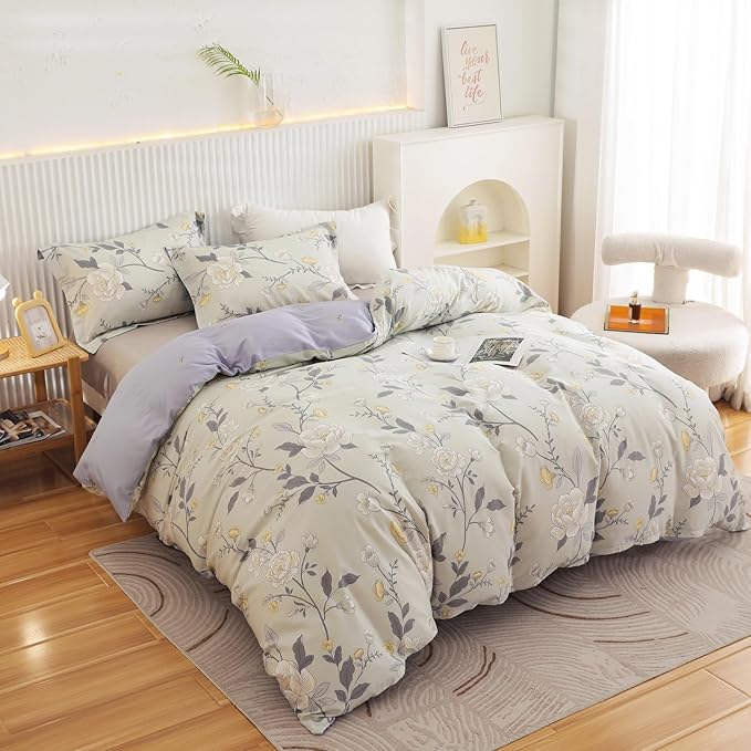 OAITE Duvet Cover King Size - 100% Cotton Comforter Cover Floral Duvet Cover Sets 3-PC, Breathable Duvet Cover with Zipper Closure & Corner Ties