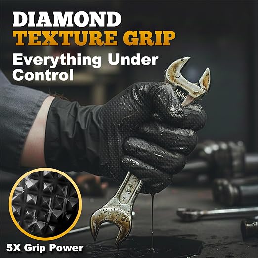 TitanFlex Heavy Duty Black Industrial Nitrile Gloves, 8-mil, Large, Box of 1000, Latex Free, Raised Diamond Texture, Powder Free, Food Safe, Rubber Gloves, Mechanic Gloves(L)