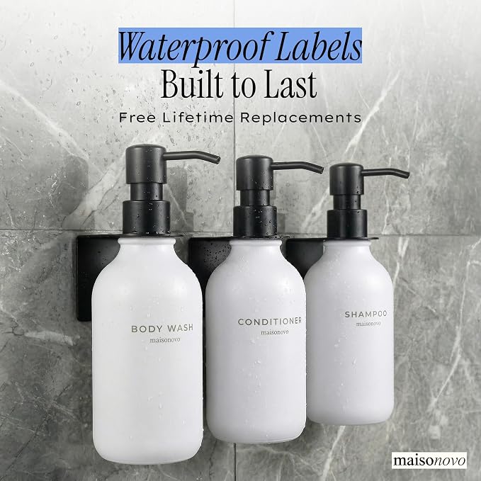 Shampoo and Conditioner Dispenser Wall Mounted Set of 3 White Black - No Drill Shower Soap Dispenser for Bathroom Refillable - Spa Hotel Style Accessories by MaisoNovo
