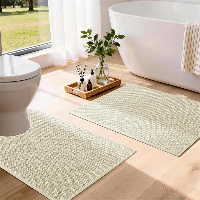 YIHOUSE Beige Bathroom Rugs Sets 2 Piece, Quick Dry Thin Bath Mat with Toilet Rug, Non Slip Absorbent Machine Washable, Bath Rugs for Tub Sink Home Decor (17"x24" + 17.5"x24" U-Shaped)