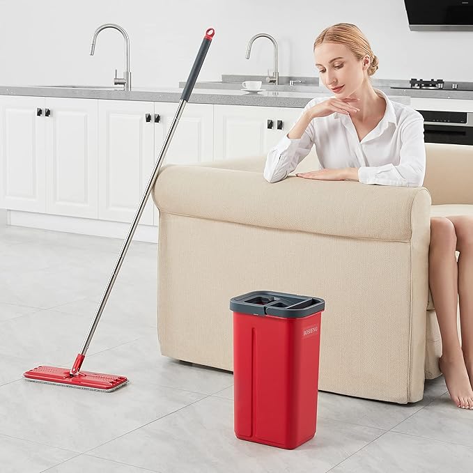 BOSHENG Mop and Bucket with Wringer Set, Flat Mop and Bucket, Squeeze Floor Mop with 3 Washable Microfiber Mops, Wet and Dry Use, Household Cleaning Tools, for Hardwood Floor, Laminate, Tile