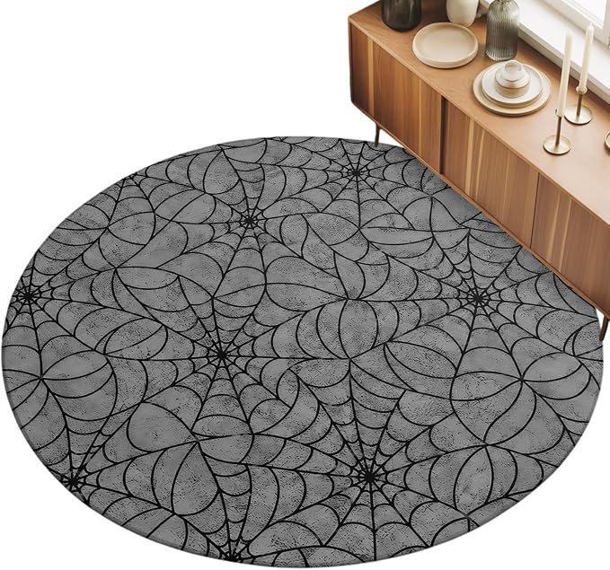 Round Area Rug 6', Grey Halloween Washable Area Rugs for Living Room Kitchen Bedroom Nursery Dining Room, Black Spiders Net Classic Gingham Non Slip Door Mat Indoor Floor Throw Circle Carpet