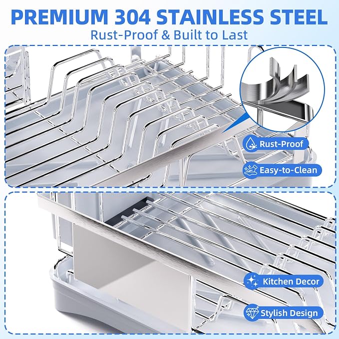 Dish Drying Rack -304 Stainless Steel Dish Rack for Kitchen Counter | Dish Drainer with Cutlery Knife Fork & Cup Rack, Auto-Drain to Sink, Gift for Wife Mothers Her, Home & Family Gadgets, Silver