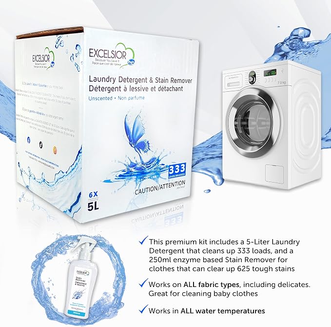 Excelsior HE Laundry Detergent Liquid Fragrance Free Concentrated 333 Loads 5 Liter With Natural Stain Remover, High Efficiency Washing Detergent Laundry Soap Bulk Works In All Washers Unscented
