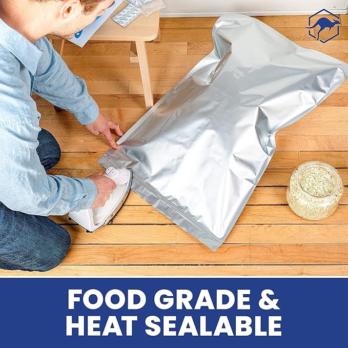 Wallaby 15 Count 5-Gallon Mylar Bags with 2500cc Oxygen Absorbers, 10 Mil Total Thickness Long-Term Food Storage Pouches, 20x30 Resealable Zipper Heat-Sealable Airtight Packaging - Silver