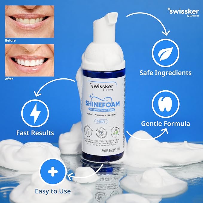 Swissker by Swissklip ShineFoam | Teeth Whitening Foam | Mint Flavor Whitening Toothpaste | Teeth Whitener I Professional Teeth Whitening Kit | 100% Vegan - Made in USA - 1.69 oz - Pack 2 | 2-Pack, Whitening Gel Kit, Teeth Whitener, Hydrogen Peroxide F...