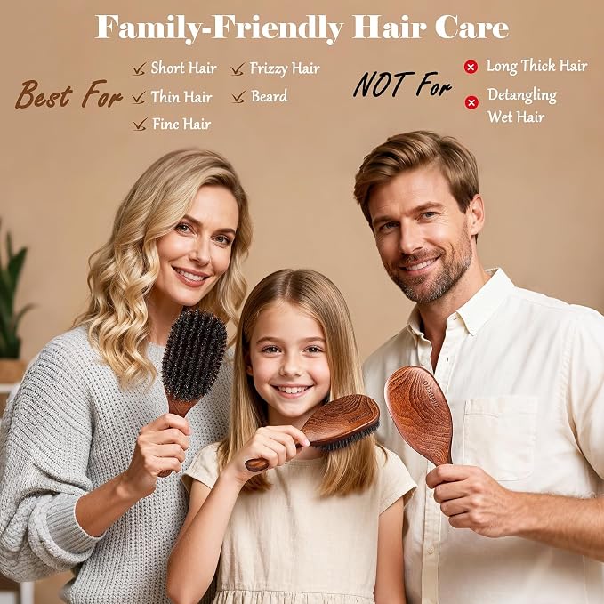 Boar Bristle Hair Brush Since 1965 British Craftsmanship, Handmade Natural Wooden Slick Back Hairbrush/Beard Brush, Pure Soft Bristles Gentle Detangling Women Men Kids Thin Fine Hair, Smooth & Shine