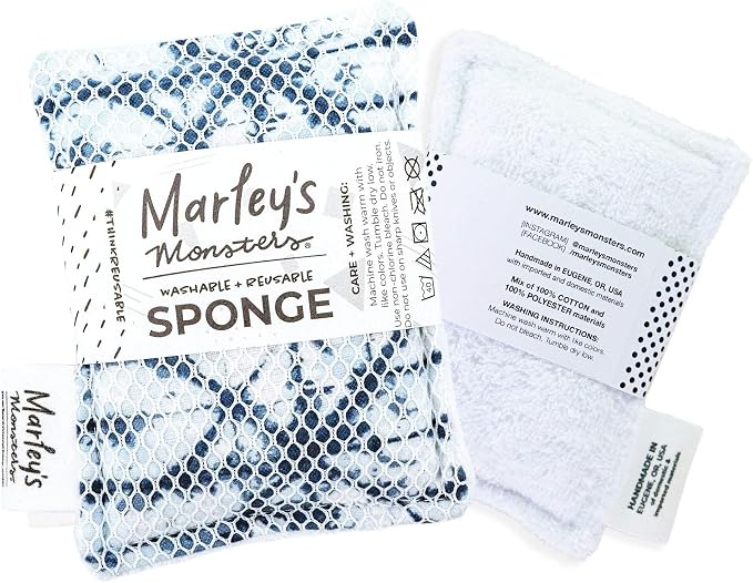 Marley's Monsters Washable Sponge – Reusable Eco-Friendly Scrubber – Dual-Sided for Gentle Cleaning or Heavy Duty Scrubbing – 4" x 5.5" Handmade in USA(Indigo Shibori/White Back)