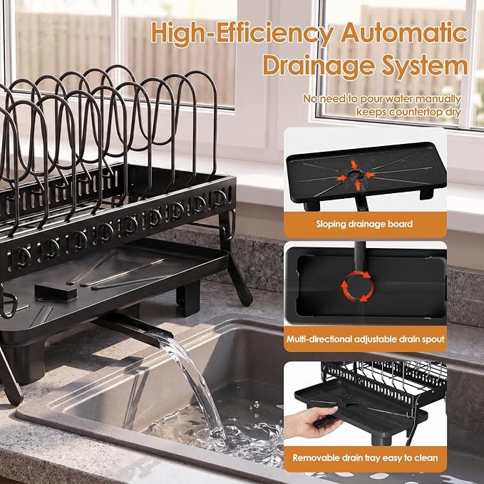 Housolution Large Expandable Dish Drying Rack for Kitchen Counter, Black | Rustproof, 9 Slots for Pan, Lid, Cutting Board, Utensil Holder, Adjustable Support Legs, Rotating Spout, Draining Tray