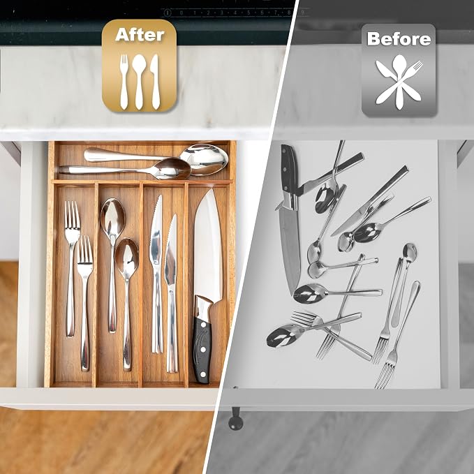 Besilord Silverware Organizer Kitchen Drawer Organizer Utensil Organizer Acacia Silverware Holder Cutlery Organizer in Drawer Flatware Organizer Tray(5 slots, Acacia