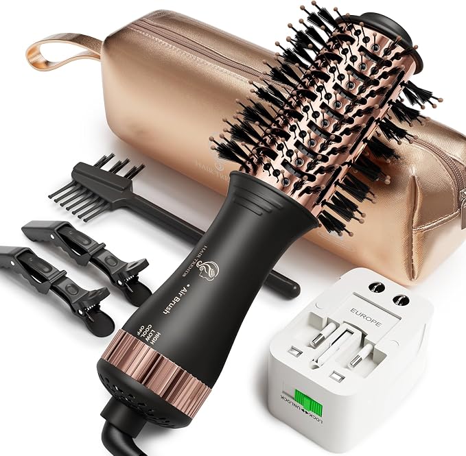 120-240V Travel Brush Hair Dryer, Small Hair Straightener Brush with European Plug Adapter for International Travel, 4 in 1 Hot Air Styler & Dryer for Drying Straightening Curling Volumizing