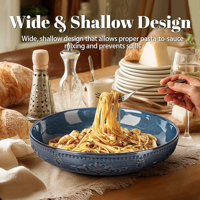 Artena Pasta Bowls, 50oz Large Salad Serving Bowls, 9.75'' Plates Bowls Set of 4, Big Ceramic Soup Bowls for Kitchen, Embossment Shallow Dinner Bowl, Microwave Dishwasher Safe, Multiple Patterns, Blue