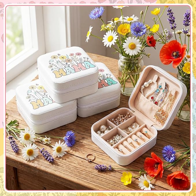 Kacctyen 12 Pcs Mini Mama Wildflowers Travel Jewelry Case Bulk Mother's Day Church Gifts for Mom Women Mama Gifts for Secretary Leather Travel Jewelry Case