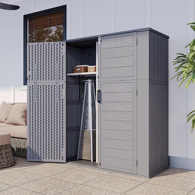 Aoxun Outdoor Storage Shed with Floor, 61 Cu.Ft Large Outdoor Storage Cabinet, Waterproof Vertical Resin Shed for Garden Tools, Pool Equipment, Dark Grey