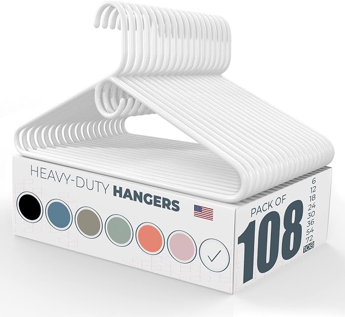 Heavy Duty Clothes Hangers 100 Pack (108 Count) – Made in the USA – 8lb Capacity Plastic Hangers for Adult Clothing – Durable for Pants, Coats, Jackets, or Jeans – White