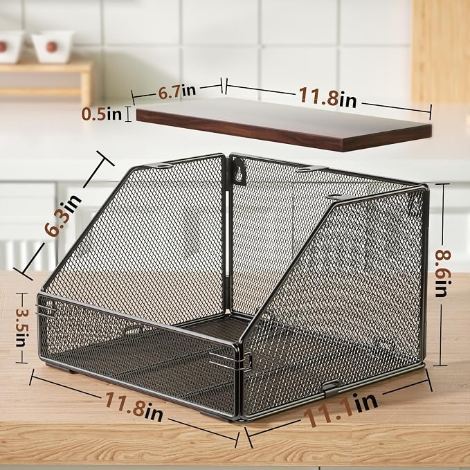 Stackable Fruit Basket for Kitchen Countertop Space Saving, Wall Mounted Mesh Metal Wire Basket with Wood Lid Extra Storage, 2 Pack Kitchen Counter Organizer for Snack, Onion and Potato Storage, Black
