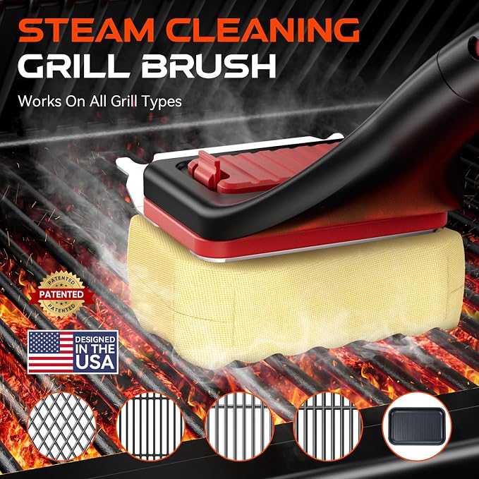 NEWKITCHEN Bristle Free Grill Brush with Scraper, Safe Steam Clean BBQ Grill Cleaner, Long Handle Replaceable Head Grill Cleaning Brush for Outdoor Grill