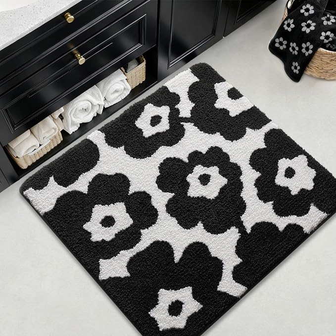 LUMI Floral Bathroom Rugs, Soft Absorbent Square Bath Mat, Non-Slip Quick Dry Luxury Rug, Flower Black White Mats for Shower Floor, Bathtub, Home Decor, Modern Aesthetic, 32"x32"