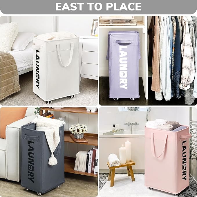 Goodpick Laundry Basket with Wheels 2-Pack, 75L Collapsible Laundry Baskets with Removable Wash Bag, Clothes Laundry Hamper on Wheels, Light Purple