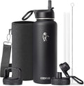 Water Bottle 40 oz Insulated with Straw&Brush, Coolflask Vaccum Stainless Steel Metal 3 Lids Water Flask for Sports, Gym or Office, Keep Cold 48H Hot 24H, Magic Black