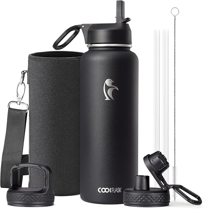 Water Bottle 40 oz Insulated with Straw&Brush, Coolflask Vaccum Stainless Steel Metal 3 Lids Water Flask for Sports, Gym or Office, Keep Cold 48H Hot 24H, Magic Black