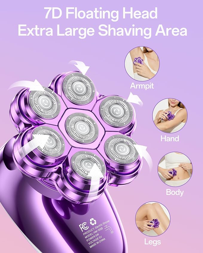 5-in-1 Electric Razors for Women, 7D Magnetic Heads Full Body Shaver, Waterproof Wet Dry Hair Remover with LED Display, Rechargeable Bikini Trimmer for Underarms, Face, Legs, Lips, Arms (Purple)
