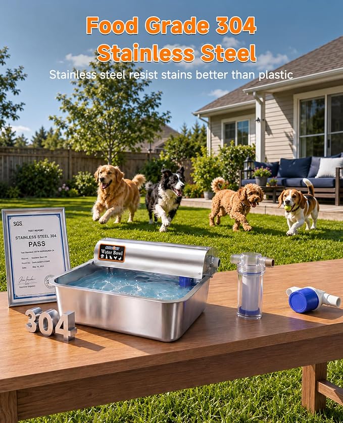 3 Gallon Automatic Dog Water Dispenser 304 Stainless Steel Auto-Fill | 3 Gallon auto water feeder, 304 stainless steel bowl with float valve for pets & poultry indoor outdoor use