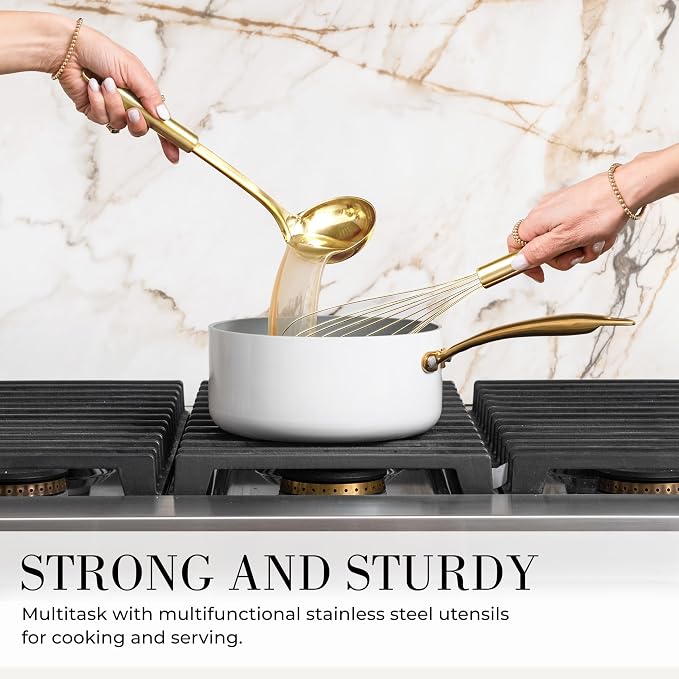 Gold Kitchen Utensils, 7-Piece Silicone Kitchen Utensils Set with Utensil Holder, White and Gold Kitchen Accessories, Luxury Kitchen Accessories for Modern Kitchens