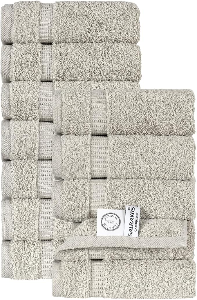 SALBAKOS 12-Piece 100% Turkish Cotton Washcloths and Face Towels, Stone | 13x13 in Standard Size Small Towel, Multi-use Bathroom & Kitchen, Thick Super Soft Absorbent Durable, Oeko-Tex Made in Turkey