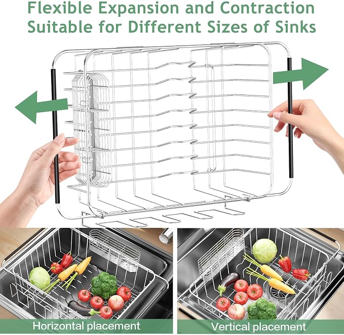 Fanbsy Dish Drying Rack in Sink, Extendable Stainless Steel Dish Drainers for Kitchen Counter, Anti-Rust Dish Dryer Rack with Utensil & Cup Holders, for Inside Sink, Over The Sink