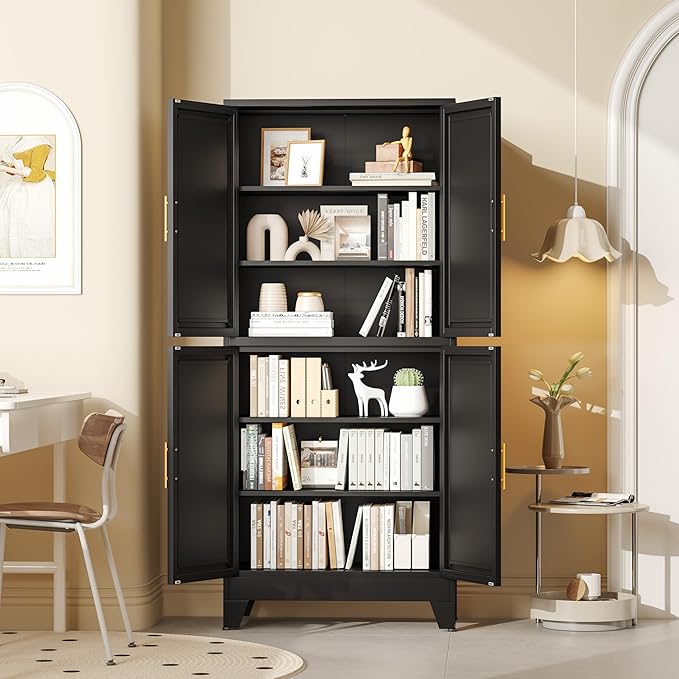 GAIOUS 75.2" Tall Metal Pantry Cabinet, Black Storage Cabinets with 4 Door | and 4 Adjustable Shelves, Kitchen Pantry Storage Cabinet, Freestanding Cupboard for Kitchen Dining Room Living Room Bathroom