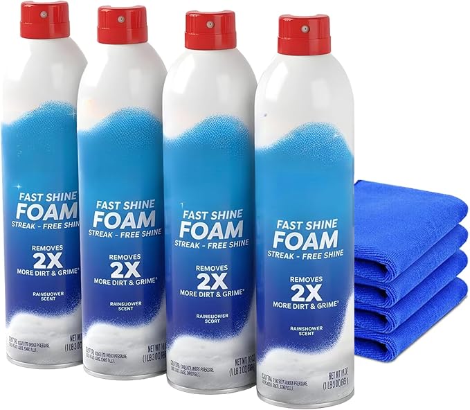 Fast Shine Foam Glass Cleaner Spray, Streak-Free Shine, Rainshower Scent, 19oz, 4 Pack with Microfiber Towels