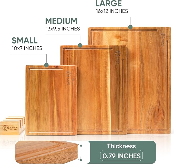 Acacia Wood Cutting Board (Set of 3) – Wooden Cutting Boards for Kitchen, Chopping and Serving, Non Plastic Bamboo Alternative, Hostess Gifts for Christmas, Thanksgiving, New Year