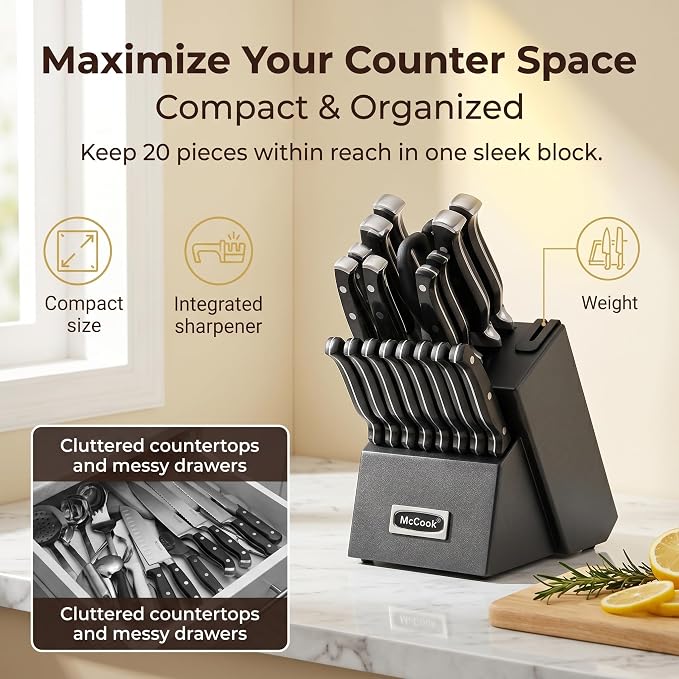 McCook Kitchen Knife Set 20PC Knife Block Set w Built-in Sharpener | German Forged Stainless Steel,Razor Sharp, Anti-Rust,Triple Rivet,Restaurant Grade,Ergonomic Handle,Full Tang,Gift Box