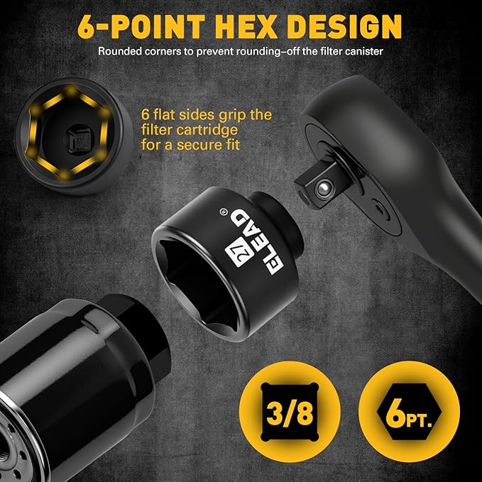 ELEAD 27 mm Oil Filter Socket Wrench, Metric Oil Filter Wrenches, 3/8'' Drive 6-Point Oil-Filter Removal Tool, Low Profile Design for Easy Removal, Chrome Vanadium Steel Oil-Change Tool
