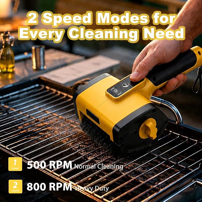 Electric BBQ Grill Brush,3000mAh Electric Grill Cleaner for Outdoor Grill, 2-Speed Power, Type-C Charging, 2 Brush Heads & LED Light, Motorized Grill Cleaning Brush for Camping & Family BBQ(Yellow)